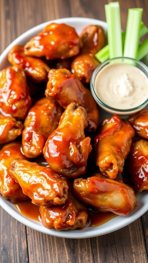 Crispy air fryer chicken wings served with celery and dipping sauce on a wooden table.